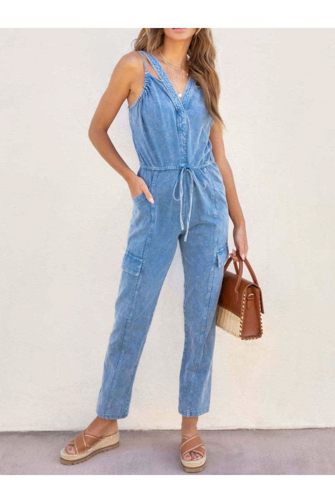 Daisy V-Neck Sleeveless Denim Jumpsuit - SwagglyLife Home & Fashion